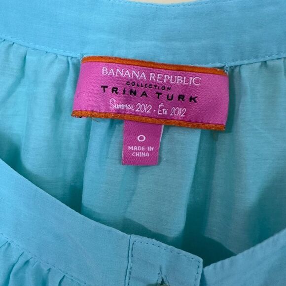 Trina Turk For Banana Collection Turquoise Silk Cotton Blue Blouse Size 0 - Picture 3 of 8